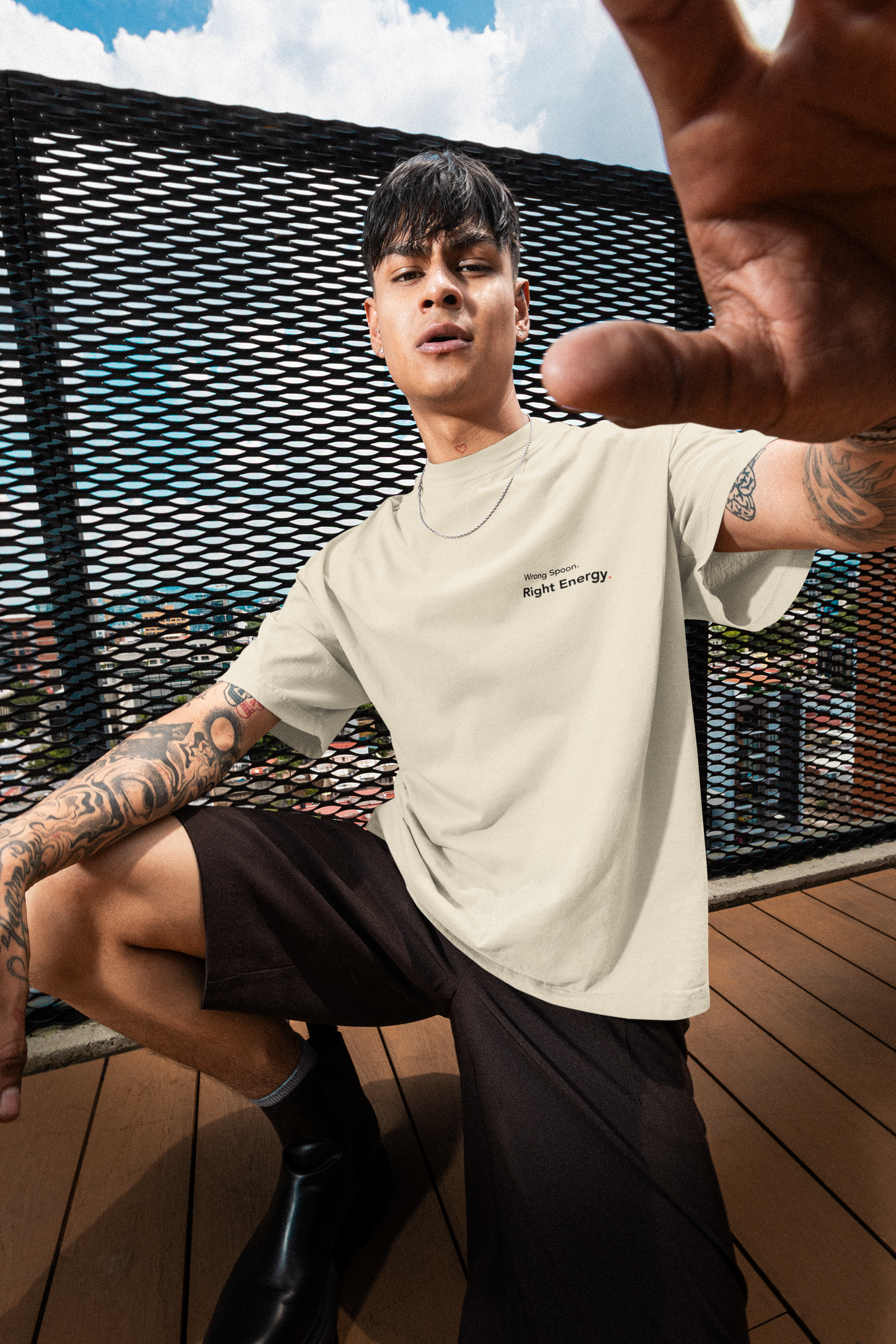 Wrong Spoon. Right Energy. - Embroidered Oversized Tee