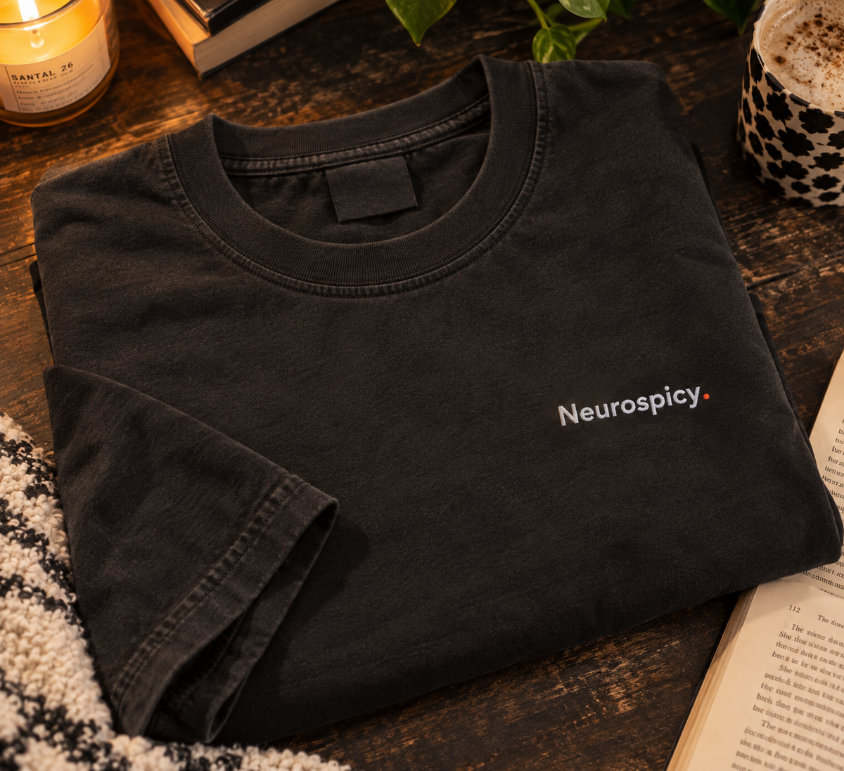 Neurospicy. embroidered oversized tee in Washed Black, folded