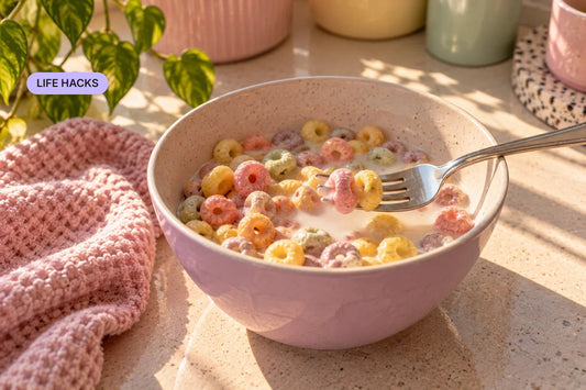 A bowl of pastel cereal being eaten with a fork — cover for “The “Wrong Way” Life Hacks That Actually Work for Neurodivergent Brains”