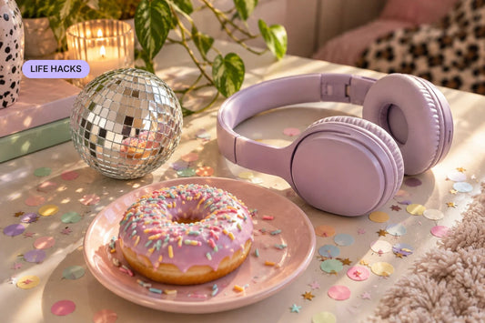 Lilac headphones, a pink sprinkled donut, confetti and a mini disco ball — cover for “5 Dopamine Hacks That Actually Work (Neurodivergent-Tested)”