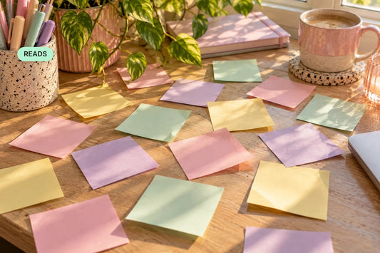 A desk covered in blank pastel sticky notes — cover for “Why Can’t I Focus? 7 AuDHD-Friendly Reasons Your Brain Keeps Dragging You Down”