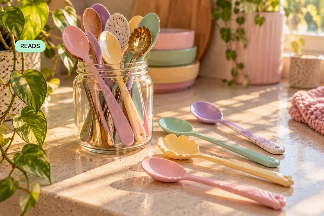 A jar of mismatched pastel spoons with some lying outside it — cover for “The Wrong Spoons: Why Your Energy Isn’t Broken (and How to Get It Back)”