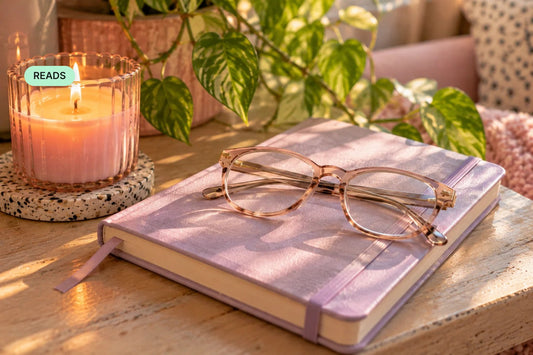 Reading glasses on a closed lilac journal beside a lit candle — cover for “Late-Life AuDHD: Why Many Adults Get Diagnosed After 30 (And What To Do Next)”