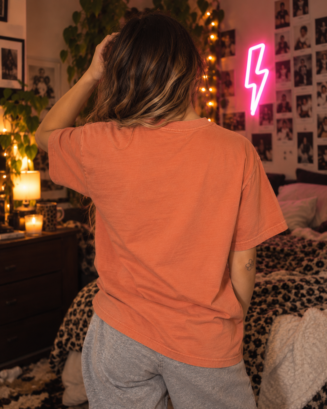 Back view of the Low Battery. Pastel Pop tee in Terracotta
