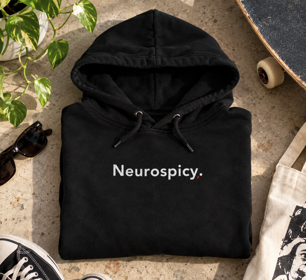 Black Neurospicy. hoodie folded flat
