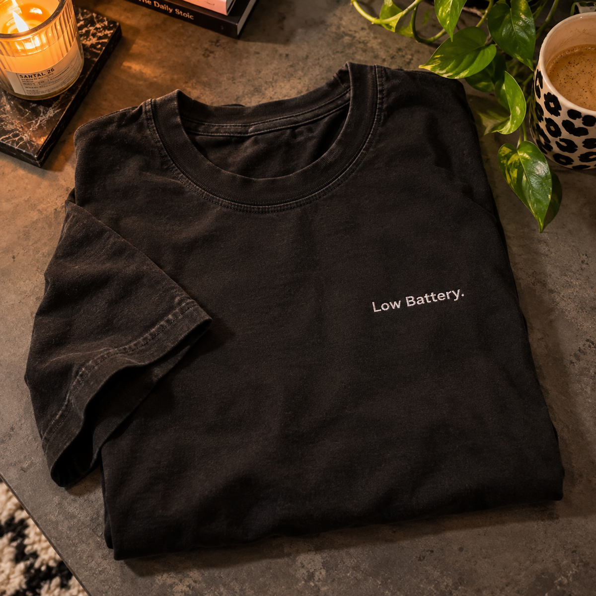 Low Battery. embroidered oversized tee in Washed Black, folded