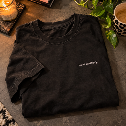 Low Battery. embroidered oversized tee in Washed Black, folded