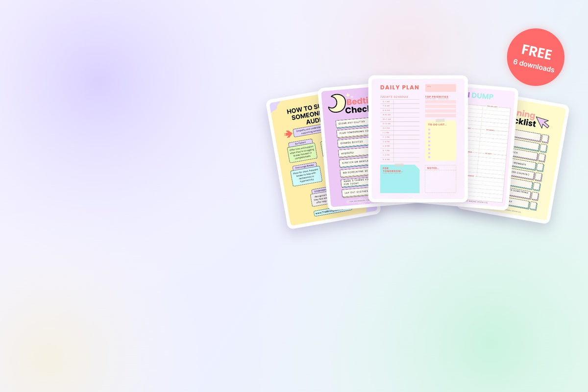 Five free Wrong Spoon Co. downloads fanned out: daily plan, brain dump, morning checklist, bedtime checklist and how to support someone with AuDHD
