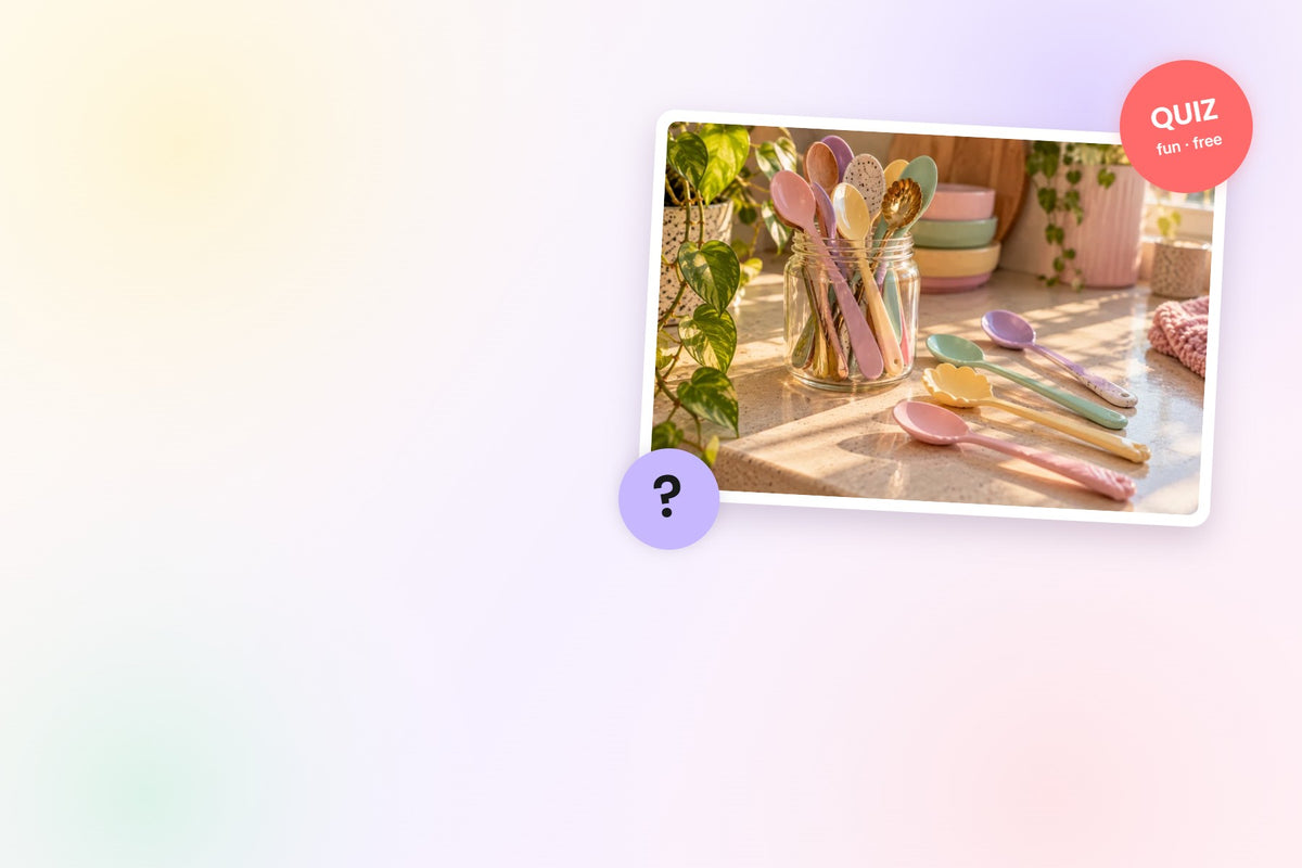 A jar of mismatched pastel spoons with a QUIZ badge: Which Spoon Are You?