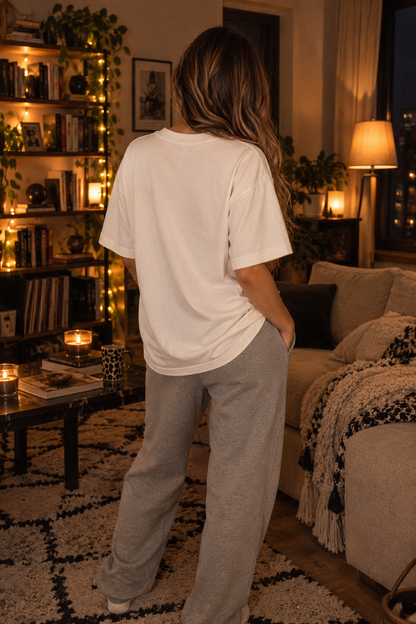 Back view of the Hyperfocus mode: Activated. oversized tee in Vintage White