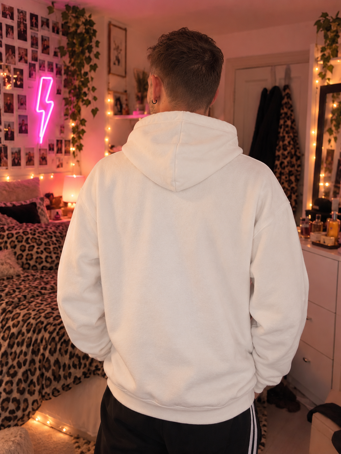 Back view of the white Low Battery. hoodie