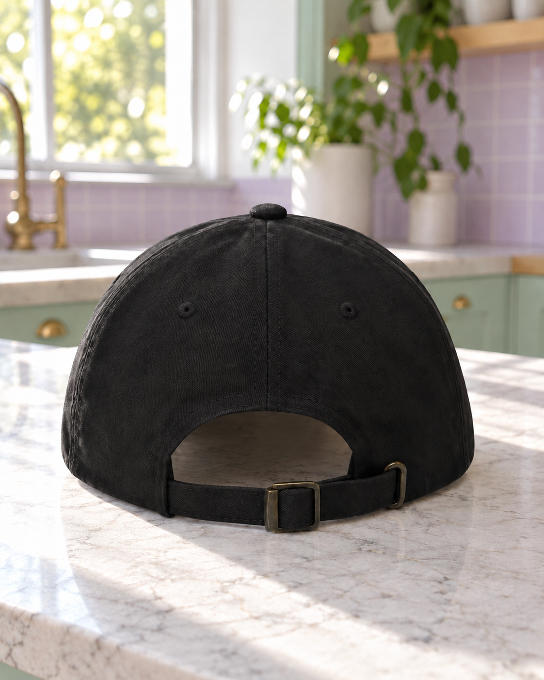 Back of the black Neurospicy. cap showing the adjustable strap