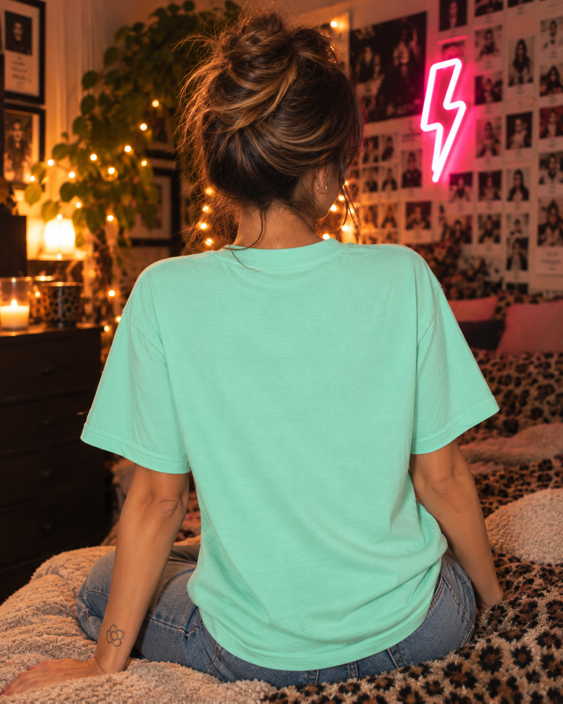 Back view of the Wrong Spoon. Right Energy. Pastel Pop tee in Chalky Mint