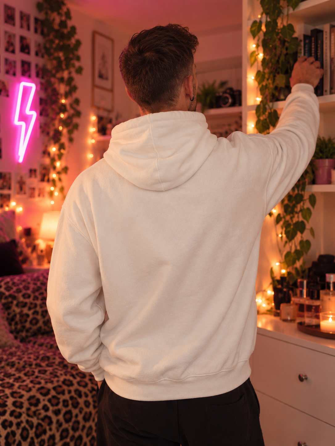 Back view of the white Wrong Spoon. Right Energy. hoodie