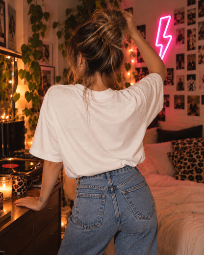 Back view of the Wrong Spoon. Right Energy. oversized tee in Vintage White