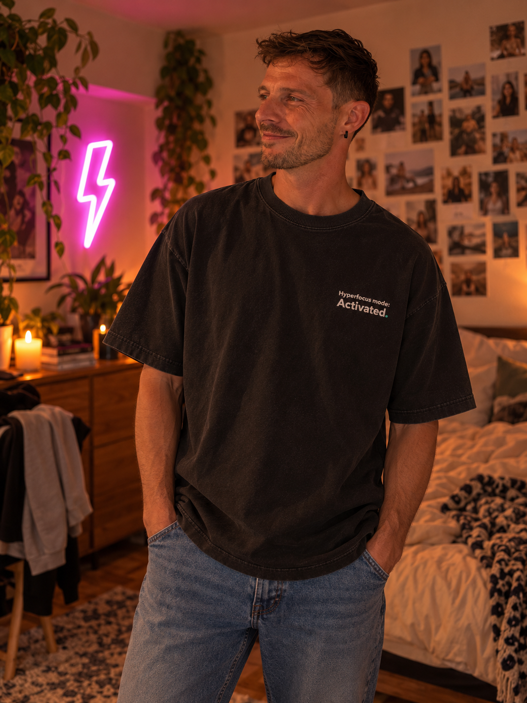Man wearing the Hyperfocus mode: Activated. embroidered oversized tee in Washed Black