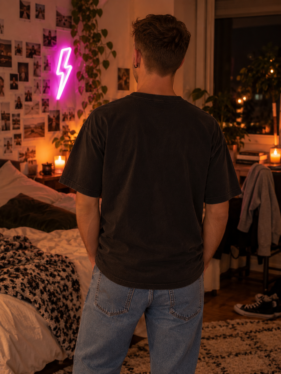 Back view of the Wrong Spoon. Right Energy. oversized tee in Washed Black