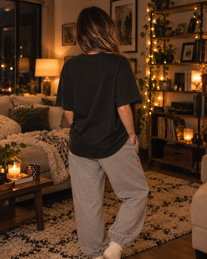 Back view of the Neurospicy. oversized tee in Washed Black