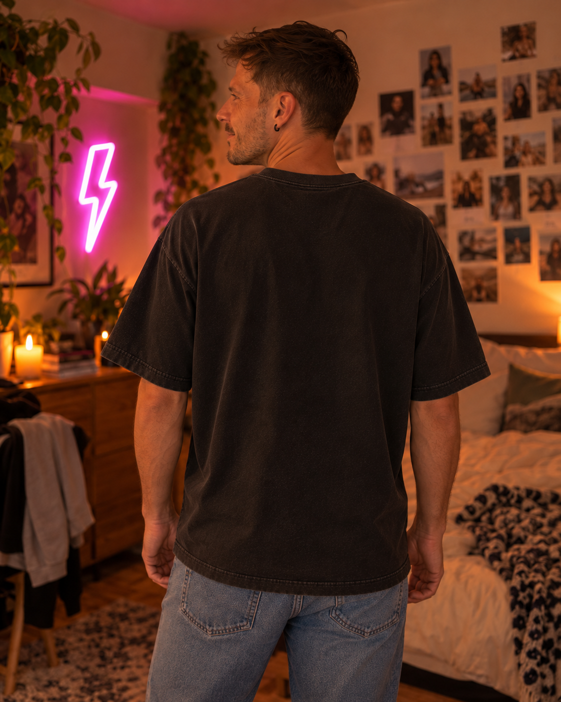 Back view of the Hyperfocus mode: Activated. oversized tee in Washed Black