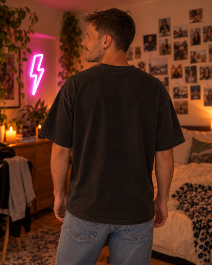 Back view of the Hyperfocus mode: Activated. oversized tee in Washed Black