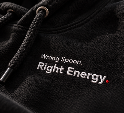 Close-up of Wrong Spoon. Right Energy. embroidery on the black hoodie