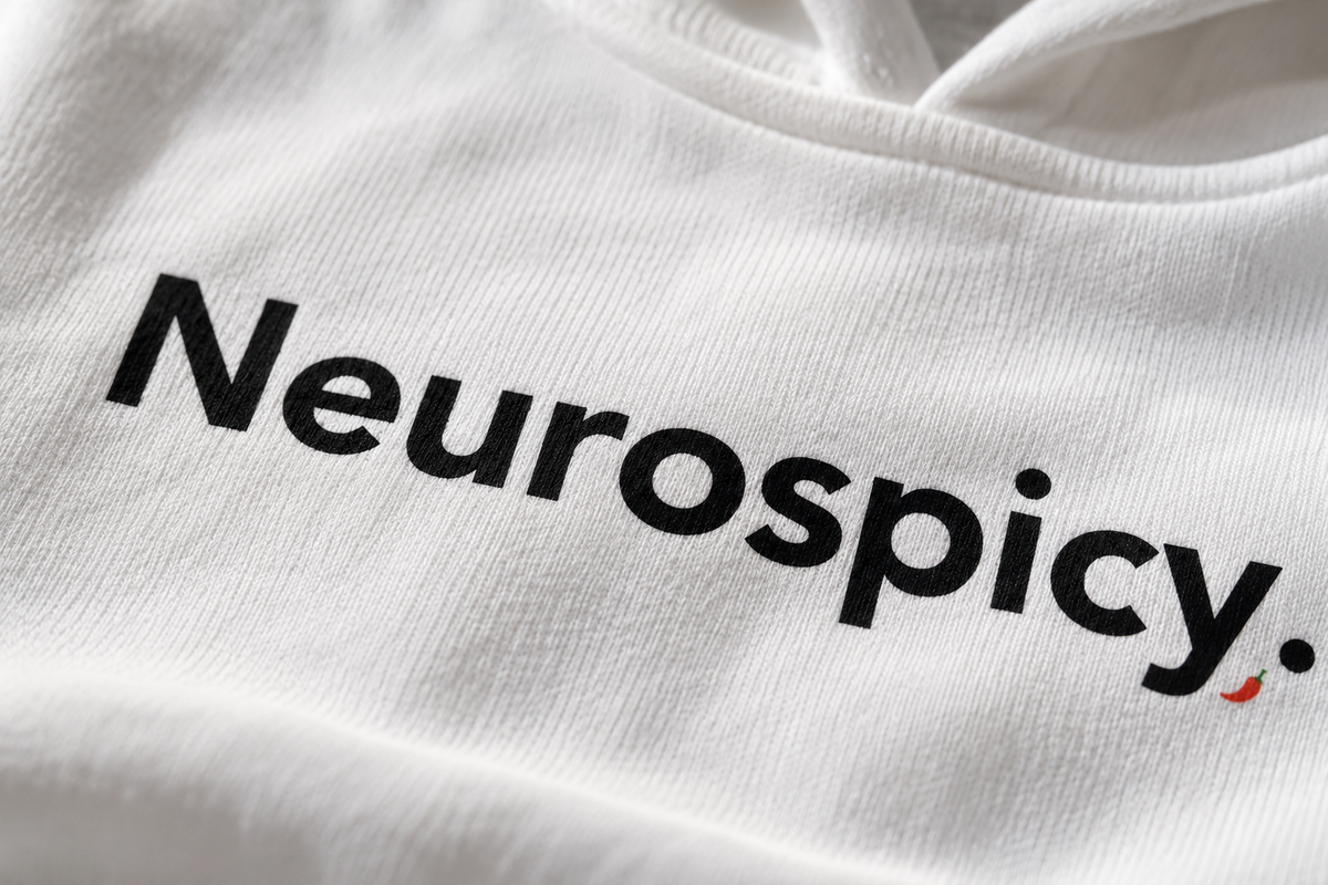 Close-up of the Neurospicy. design on the white hoodie