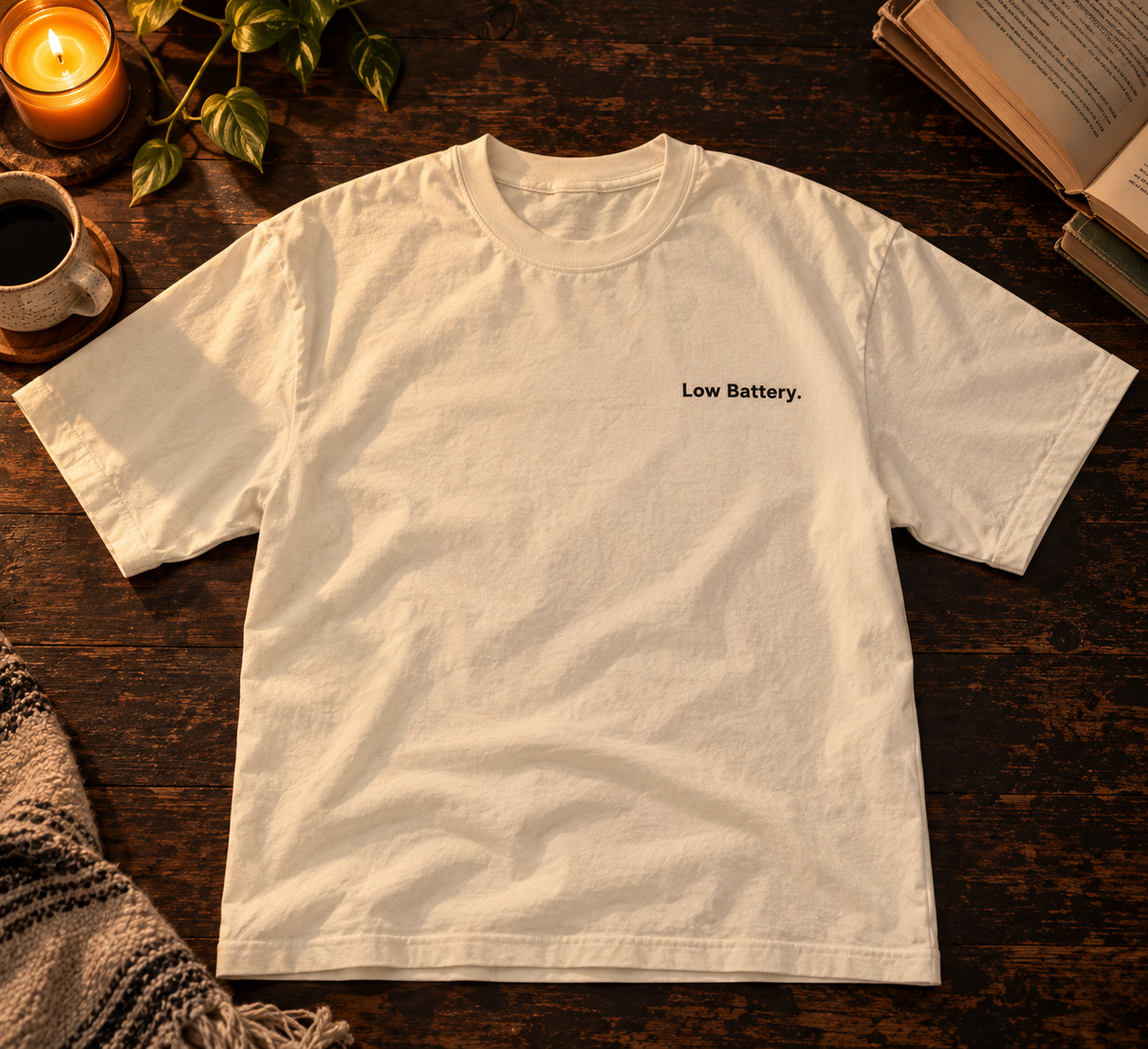 Low Battery. embroidered oversized tee in Vintage White, laid flat
