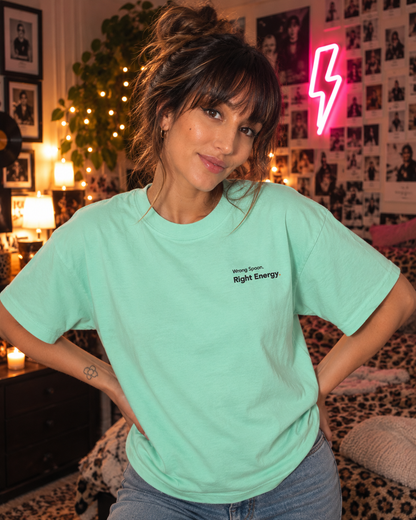 Woman wearing the Wrong Spoon. Right Energy. embroidered Pastel Pop tee in Chalky Mint