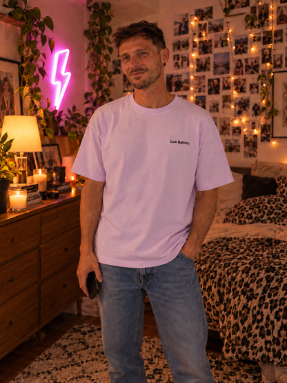 Man wearing the Low Battery. embroidered Pastel Pop tee in Orchid