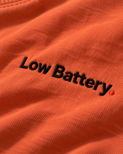 Close-up of the Low Battery. embroidery on Terracotta fabric