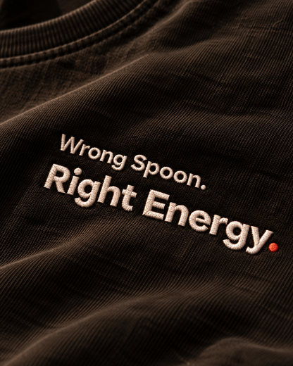 Close-up of the Wrong Spoon. Right Energy. embroidery on Washed Black fabric