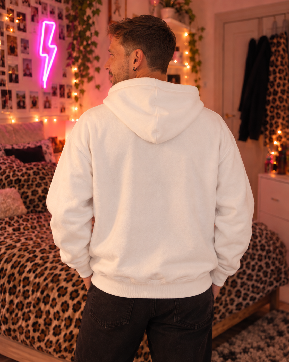 Back view of the white Hyperfocus mode: Activated. hoodie