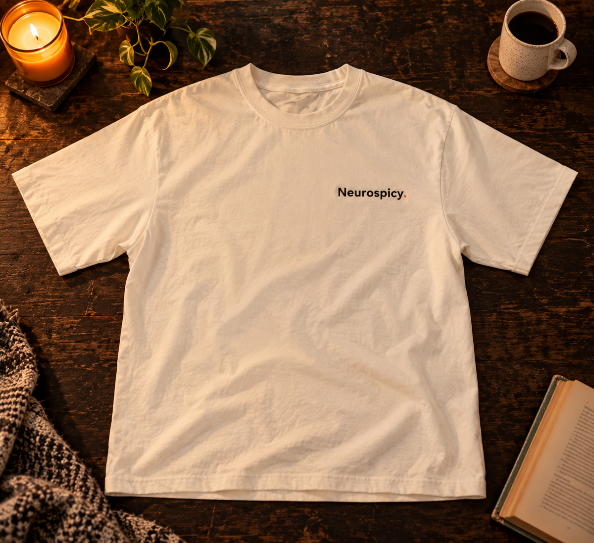 Neurospicy. embroidered oversized tee in Vintage White, laid flat
