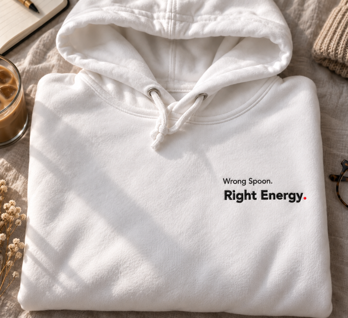 White Wrong Spoon. Right Energy. embroidered hoodie folded flat