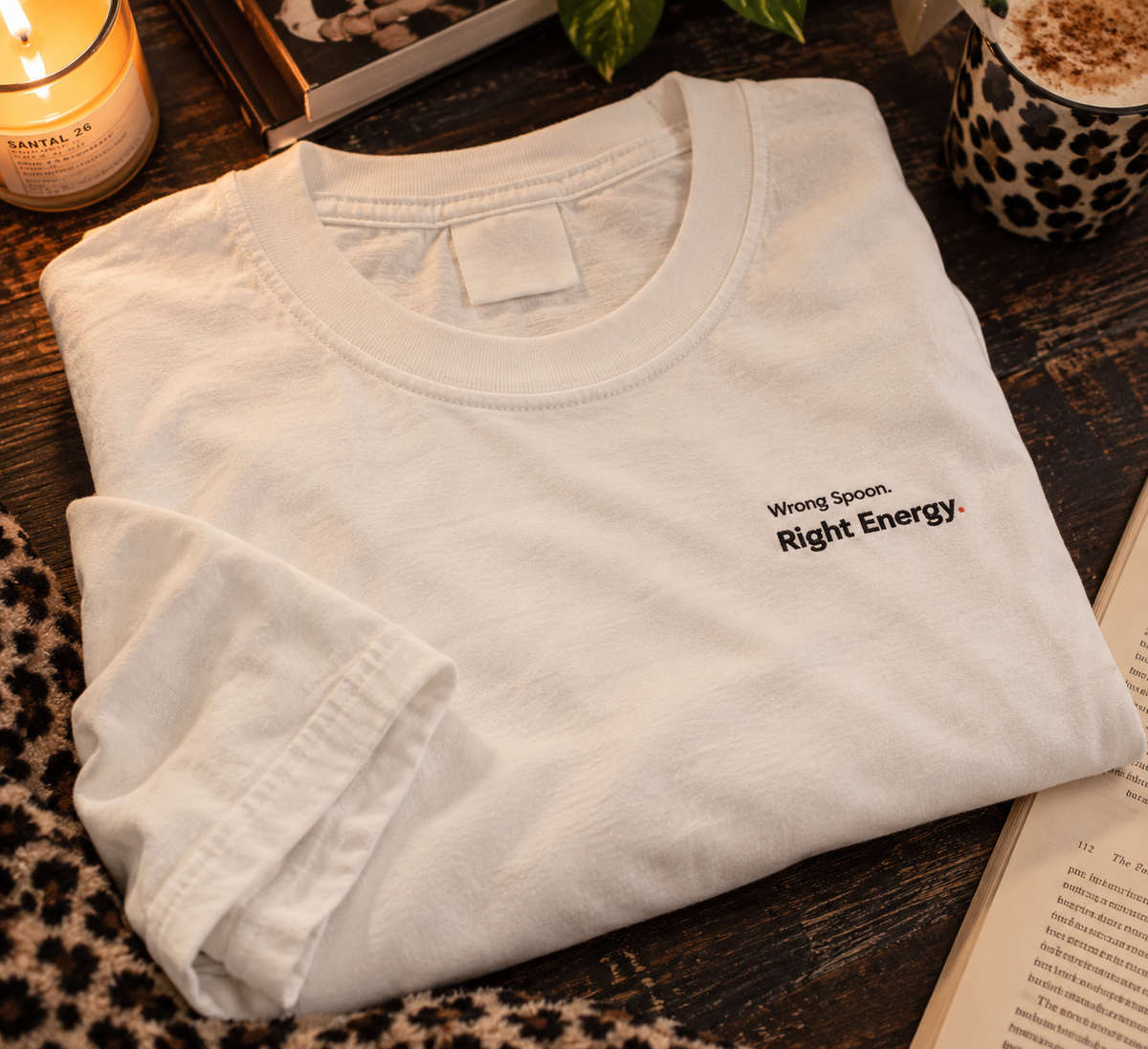 Wrong Spoon. Right Energy. embroidered oversized tee in Vintage White, folded