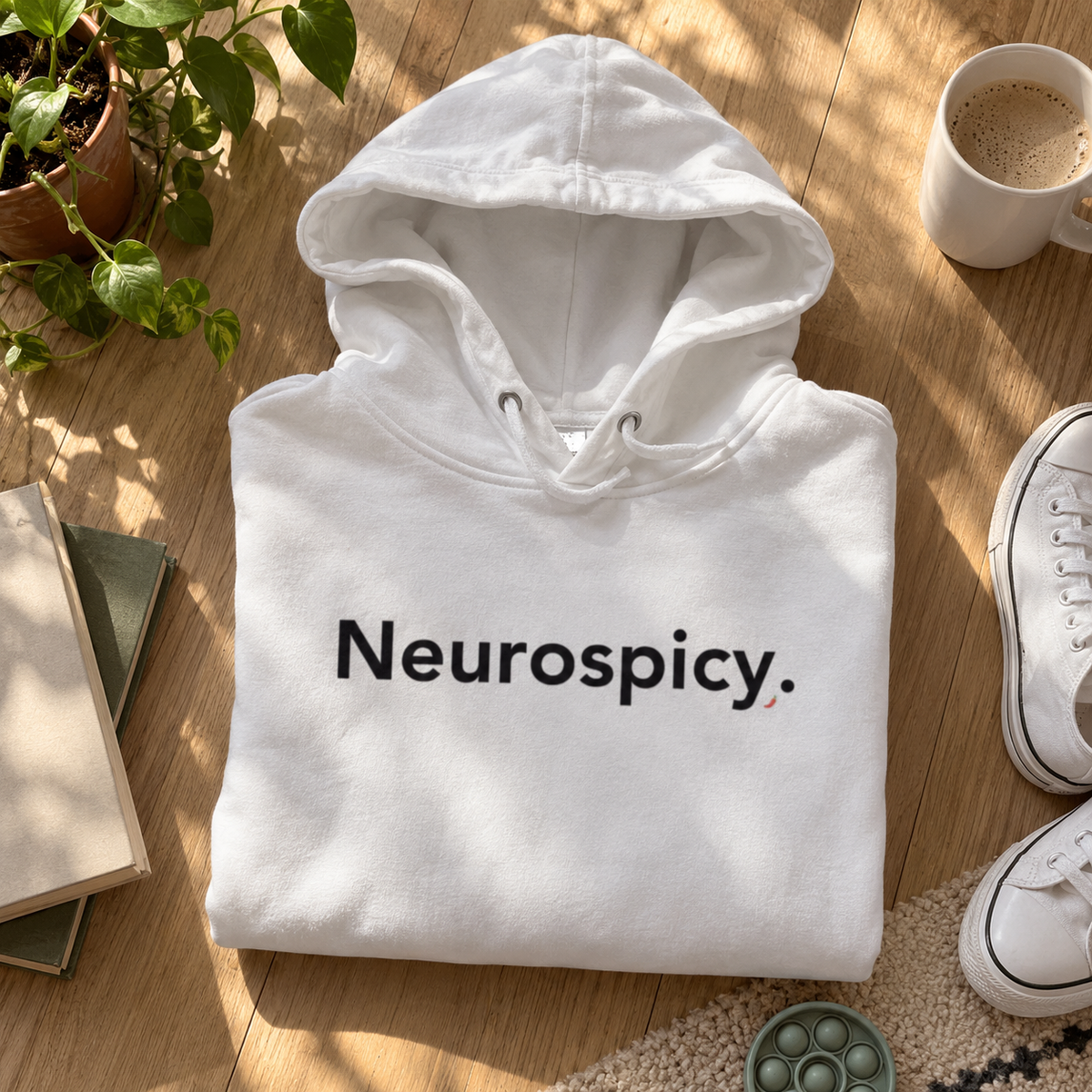 White Neurospicy. hoodie folded flat