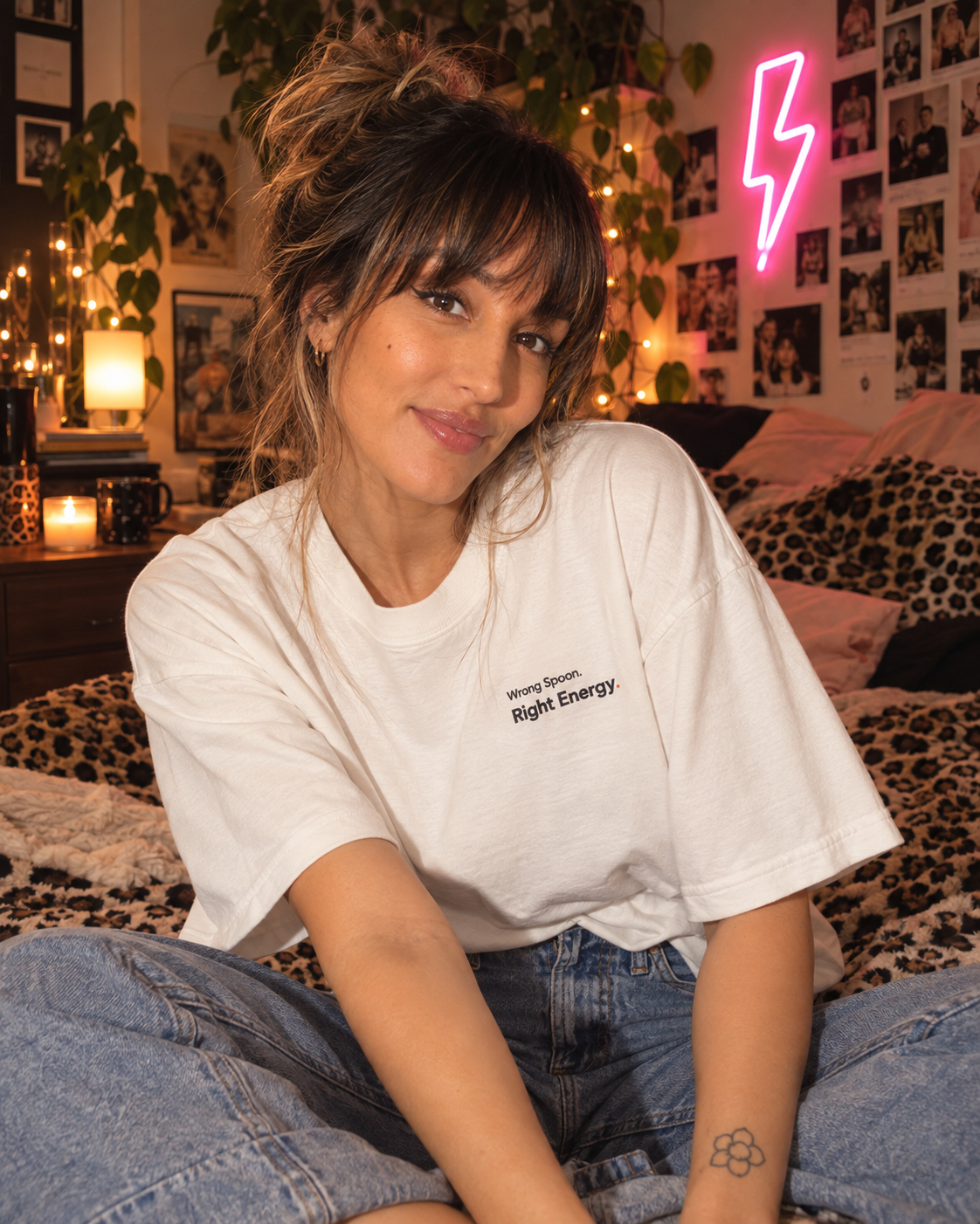 Woman wearing the Wrong Spoon. Right Energy. embroidered oversized tee in Vintage White