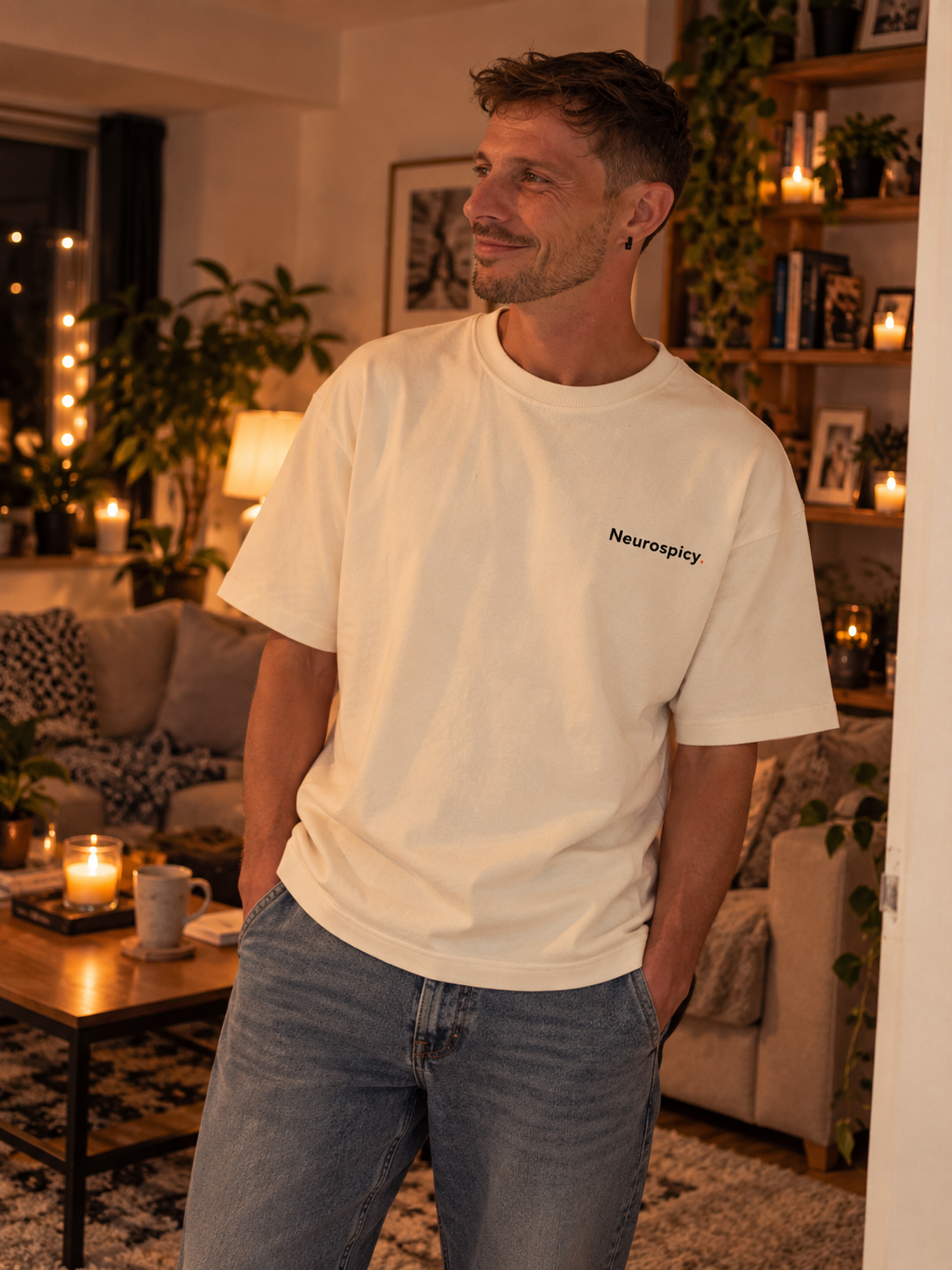 Man wearing the Neurospicy. embroidered oversized tee in Vintage White